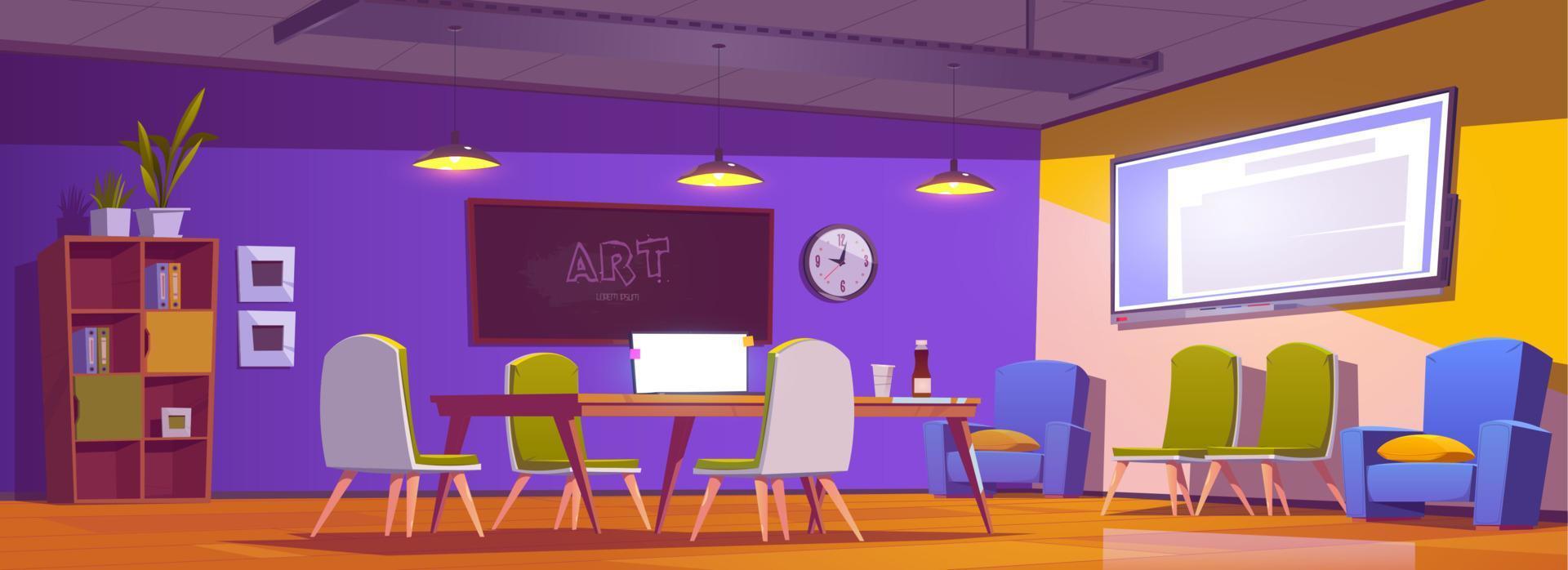 Coworking office with laptop, chairs and screen vector