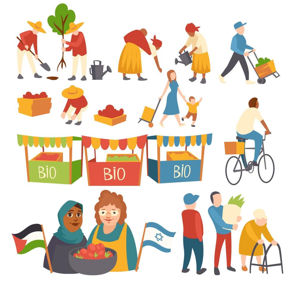 Set of flat icons people planting trees, crop vector