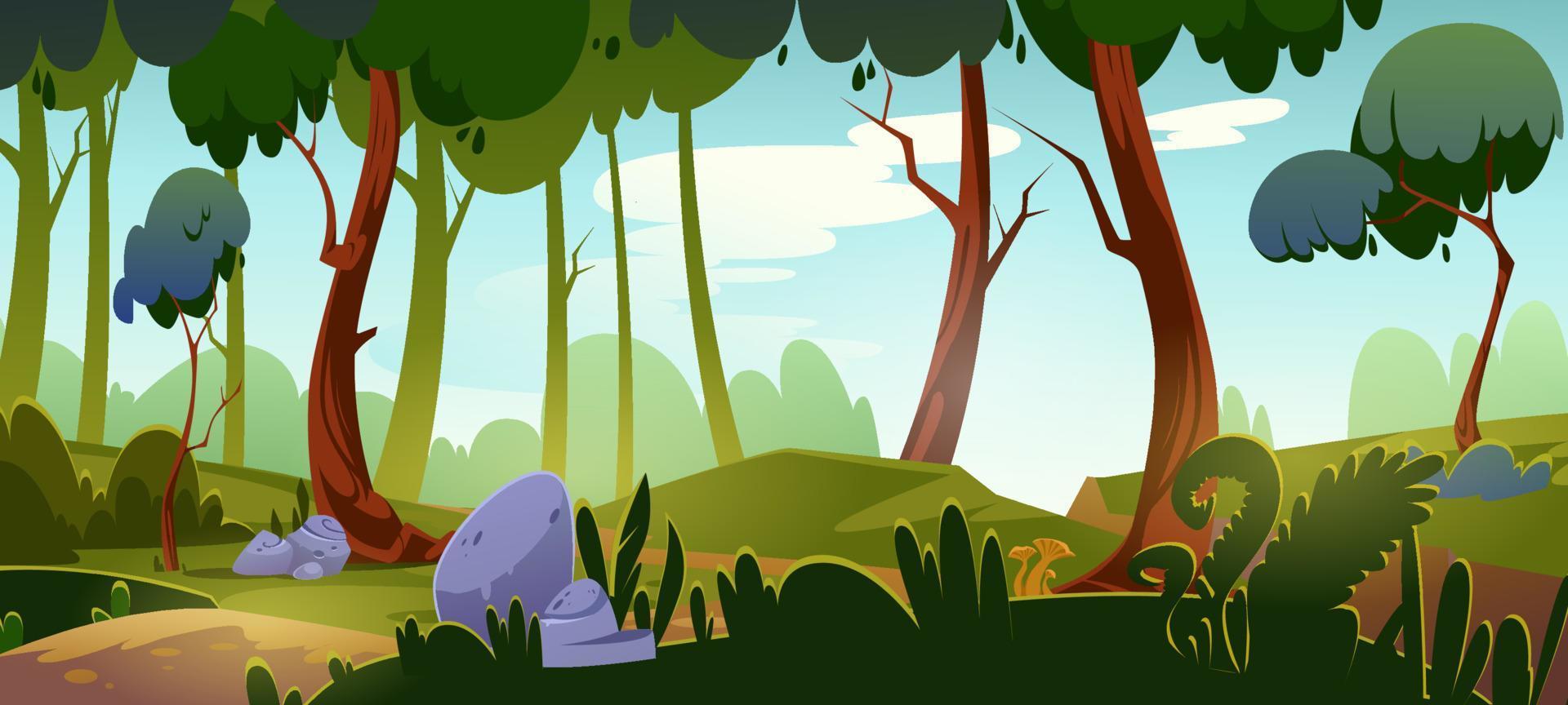 fondo de bosque de dibujos animados, paisaje de parque natural vector