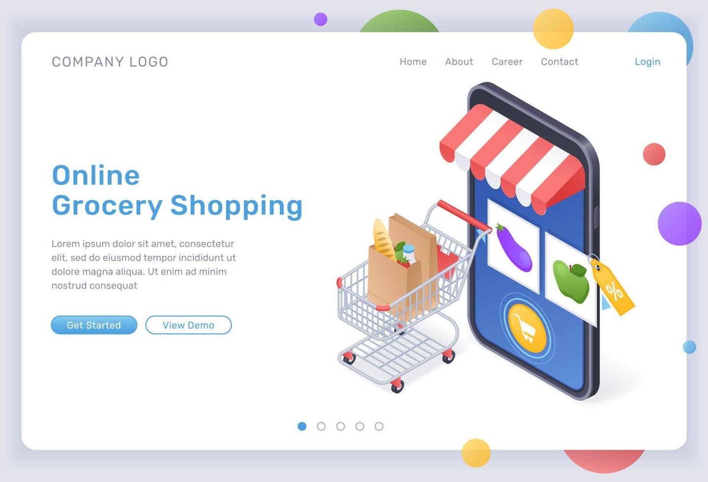 página de inicio isométrica de compras de comestibles en línea vector