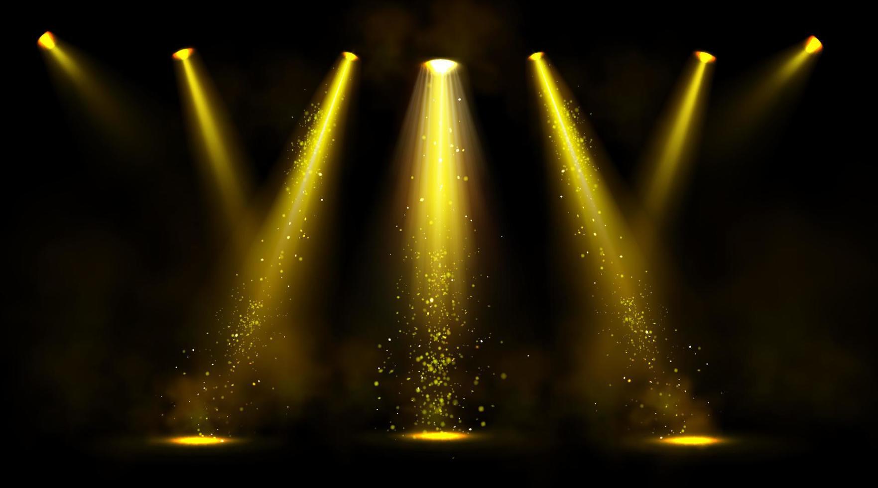 Stage lights, gold spotlight beams with sparkles vector