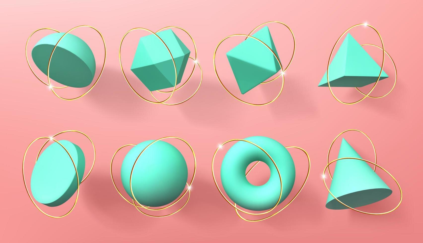 Turquoise 3d geometric shapes with golden rings vector