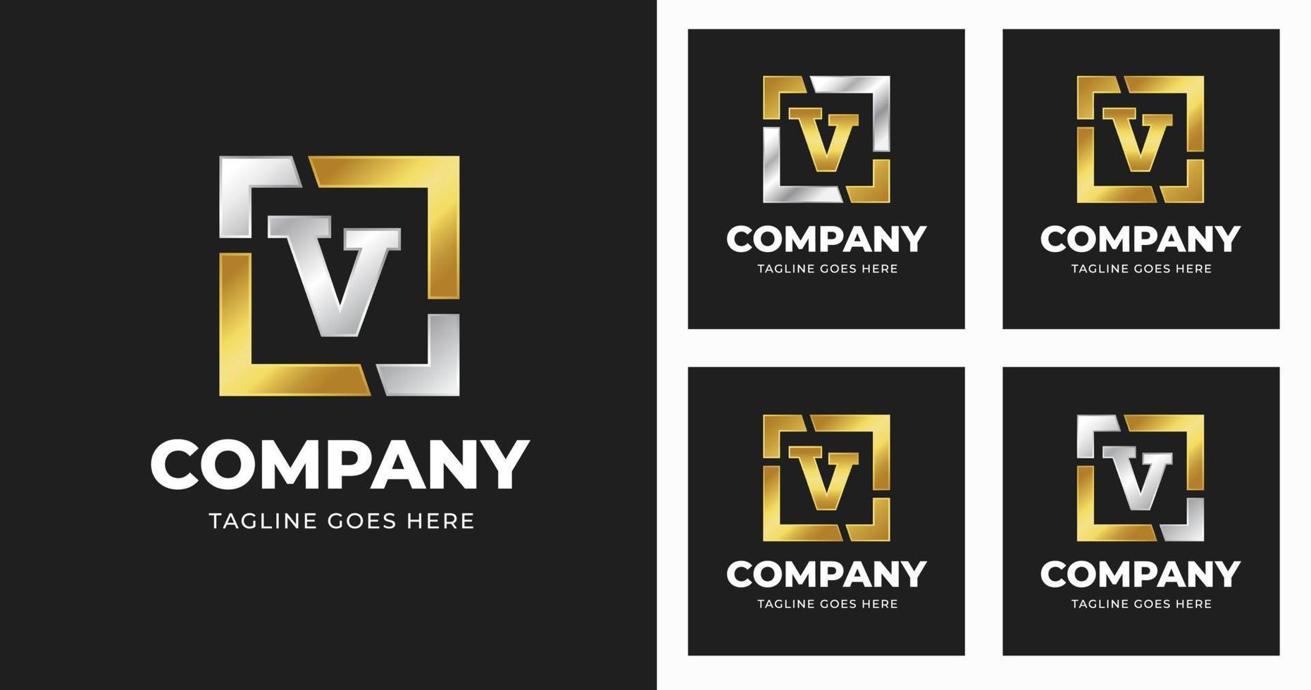 plantilla de diseño de logotipo de letra v con estilo de forma cuadrada de lujo vector