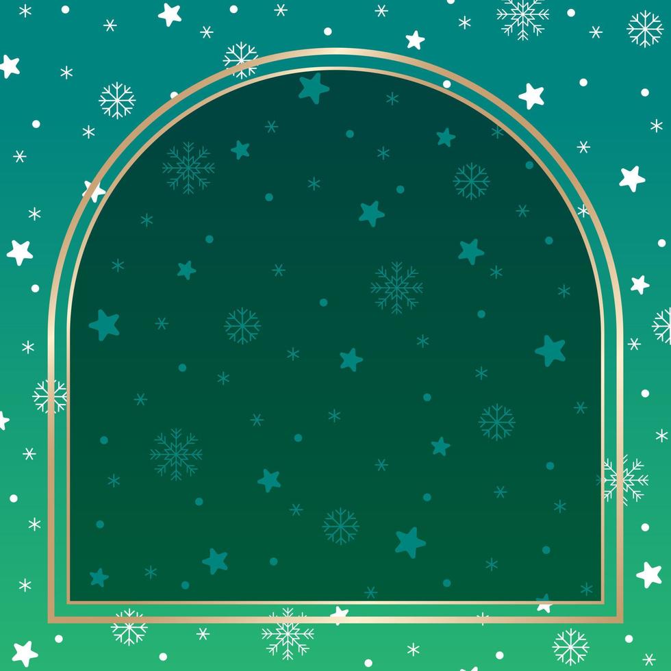 Cute Merry Christmas Santa Claus Winter Snow Snowflake Snowman Confetti Decorative Square Post Card Poster Banner Green Gold Background Copy Space Arch Template Border Frame for Christmas Advertising vector