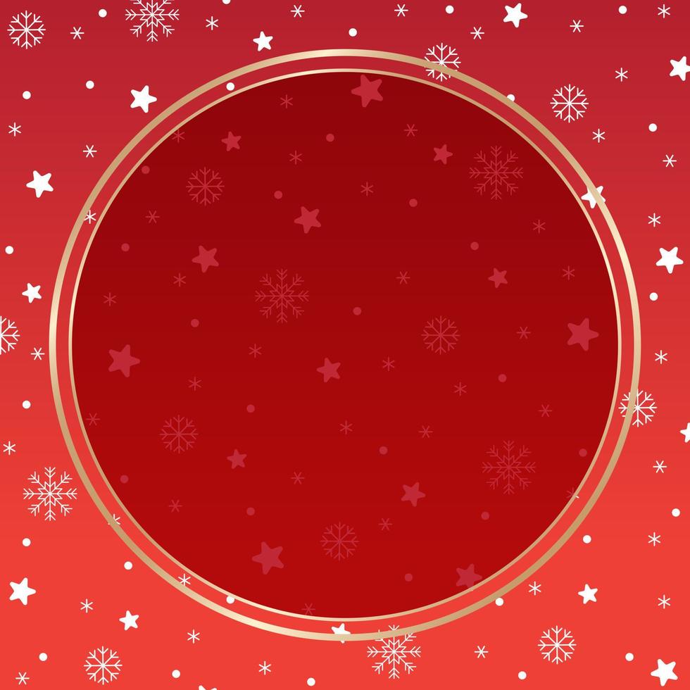 Cute Merry Christmas Winter Snow Snowflake Snowman Confetti Decorative Square Post Card Poster Banner Red Gold Background Copy Space Circle Round Template Border Frame for Christmas Advertising vector