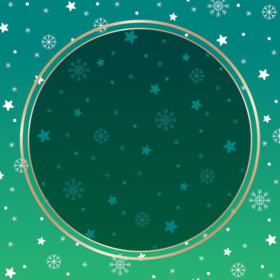Cute Merry Christmas Winter Snow Snowflake Snowman Confetti Decorative Square Post Card Poster Banner Green Gold Background Copy Space Circle Round Template Border Frame for Christmas Advertising vector