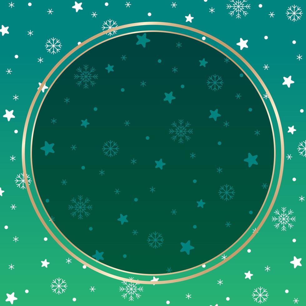 lindo feliz navidad invierno nieve copo de nieve muñeco de nieve confeti decorativo cuadrado postal cartel banner verde oro fondo copia espacio círculo redondo modelo borde marco para publicidad navideña vector