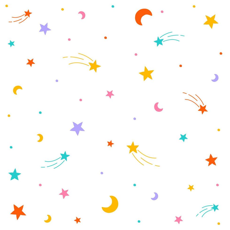 Cute Confetti Star Space Sky Meteor Shooting Star Crescent Moon Sprinkle Sparkle Shine Small Polkadot dot Line Mini Heart Abstract Colorful Pastel Seamless Pattern Background vector