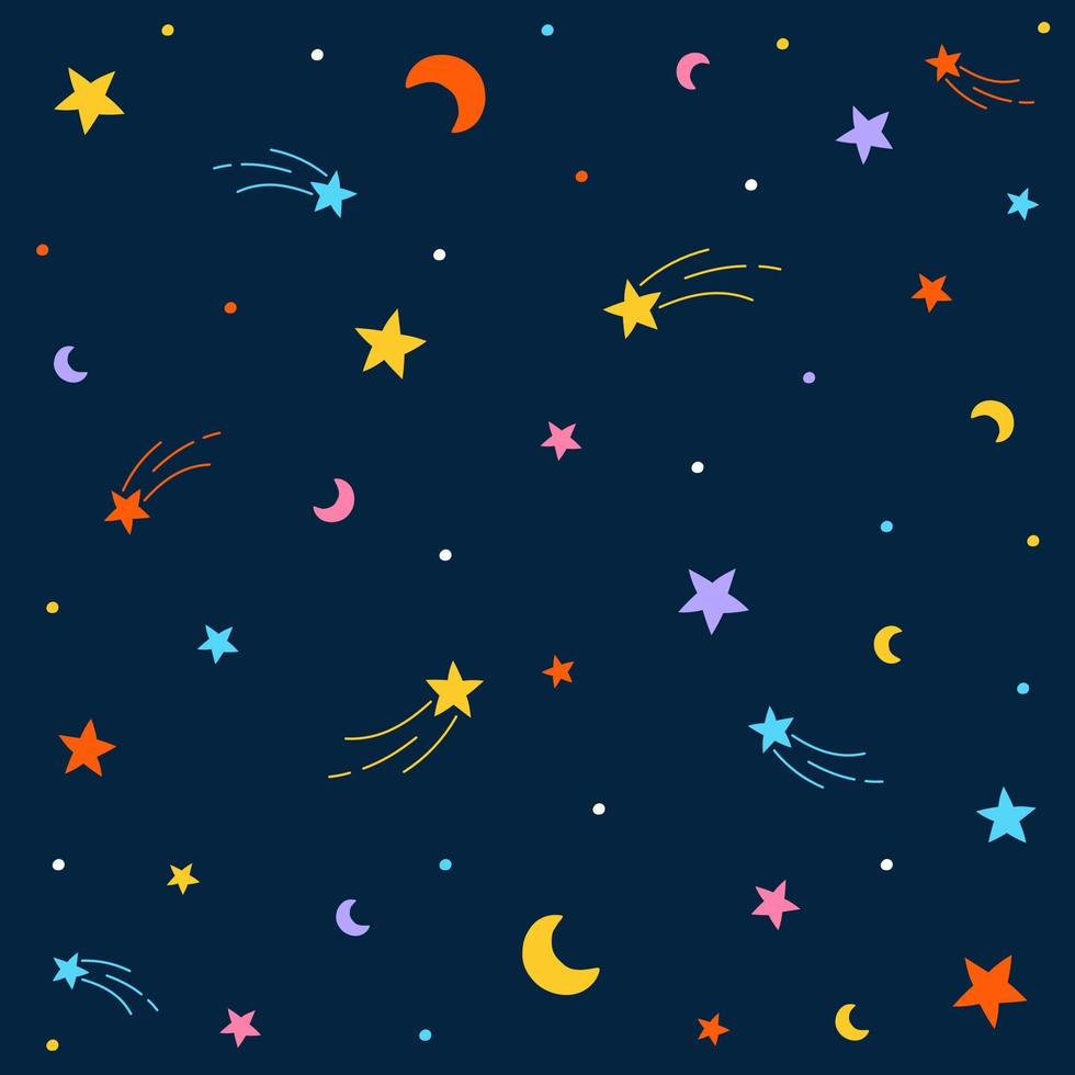 Cute Confetti Star Space Nightsky Meteor Shooting Star Crescent Moon Sprinkle Sparkle Shine Small Polkadot dot Line Mini Heart Abstract Colorful Pastel Seamless Pattern Background vector