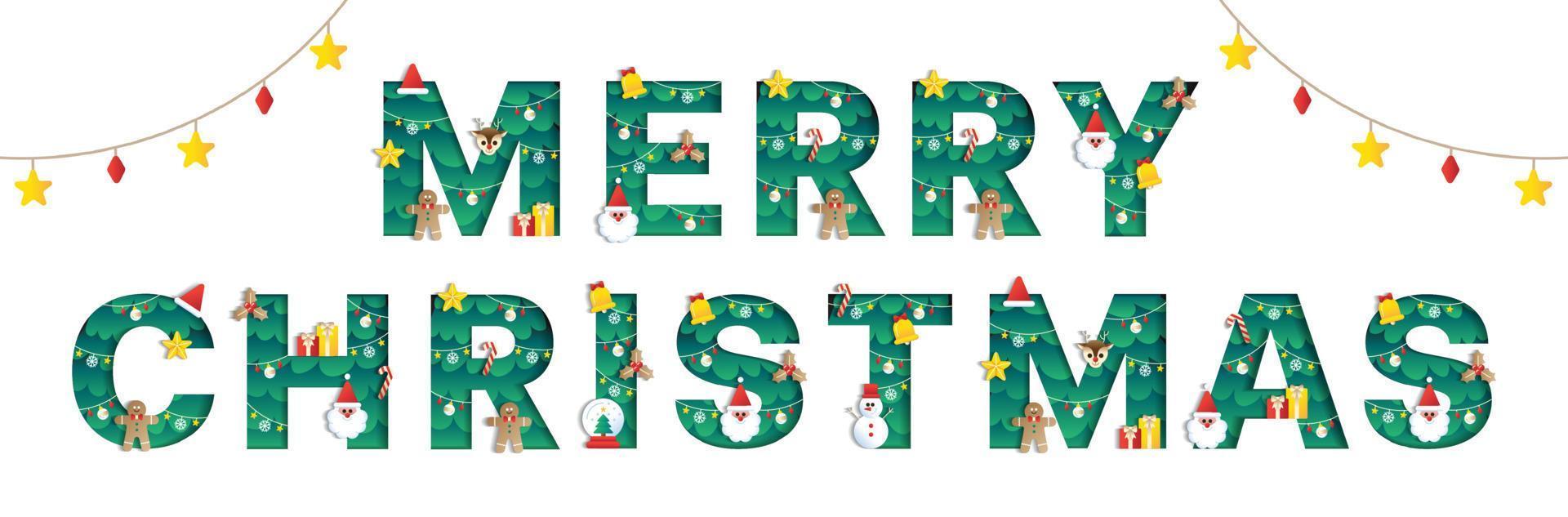 Merry Christmas Word Alphabet Font Cute Christmas Concept Mistletoe Bell Snowman Christmas Tree Character Font Christmas Element Cartoon Green 3D Paper Layer Cutout Card Vector Illustration