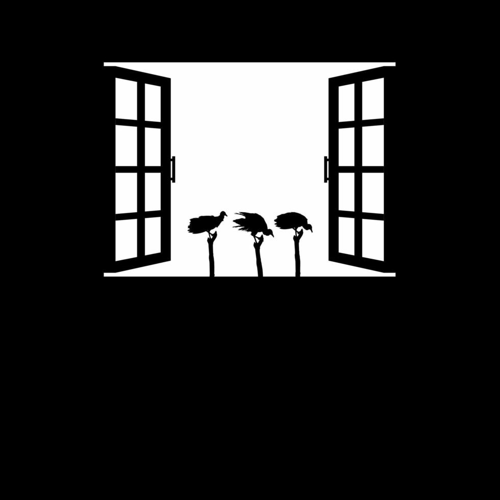 Flock of the Black Vulture Bird on the Window Silhouette. Creepy, Horror, Scary, Mystery, or Crime Illustration. Illustration for Horror Movie or Halloween Poster Design Element. Vector Illustration