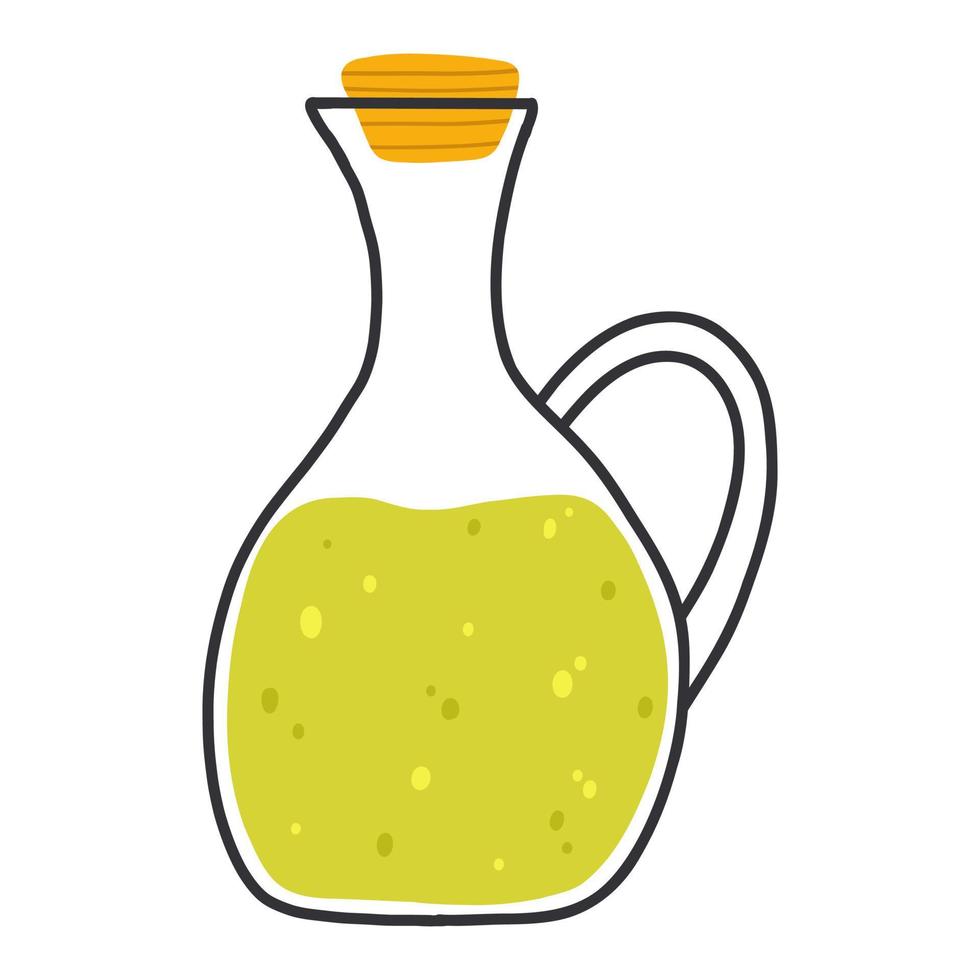 botella con aceite de oliva en estilo plano de dibujos animados. dibujado a mano ilustración vectorial de aceite natural vector