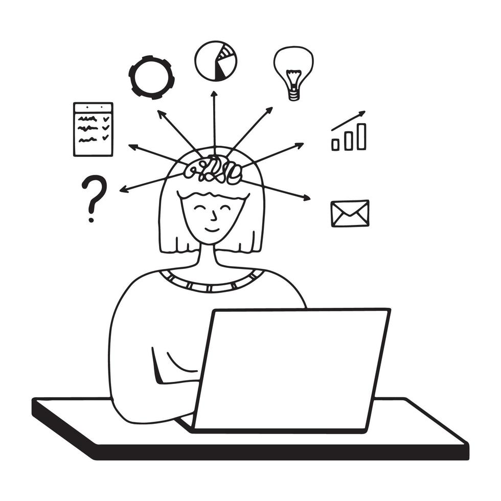 Happy business woman with multitasking skills sitting at his laptop with office icons on a background. Freelance worker. Multitasking, time management and productivity concept. Vector illustration.
