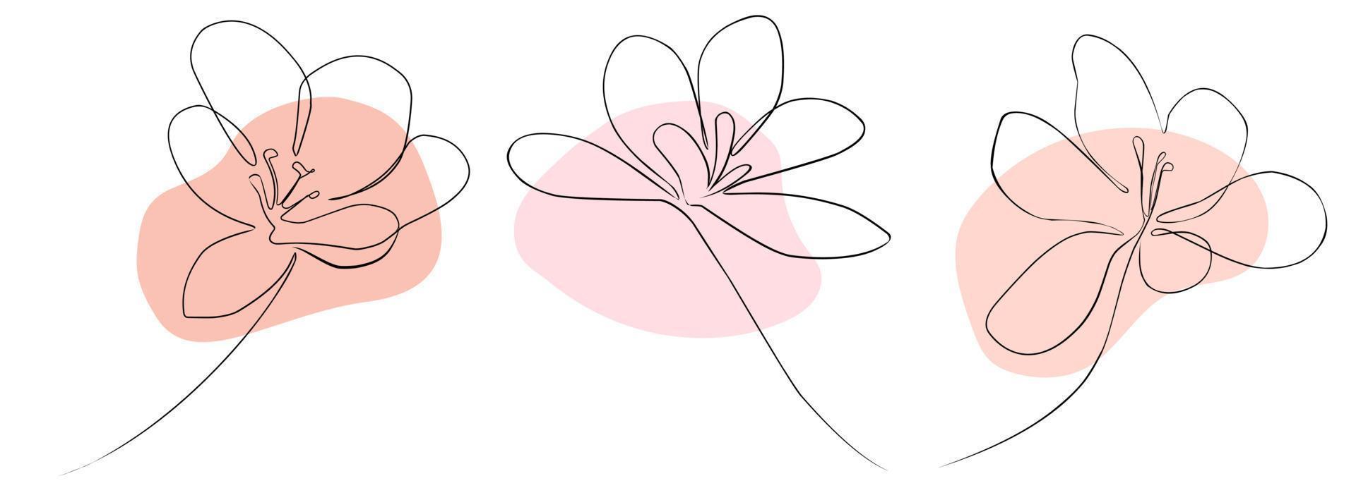 A set of vector colors drawn with a single line. Eco-simple logo. Minimalistic drawing of lines. Flowers are one line continuous art. Isolated on a white background