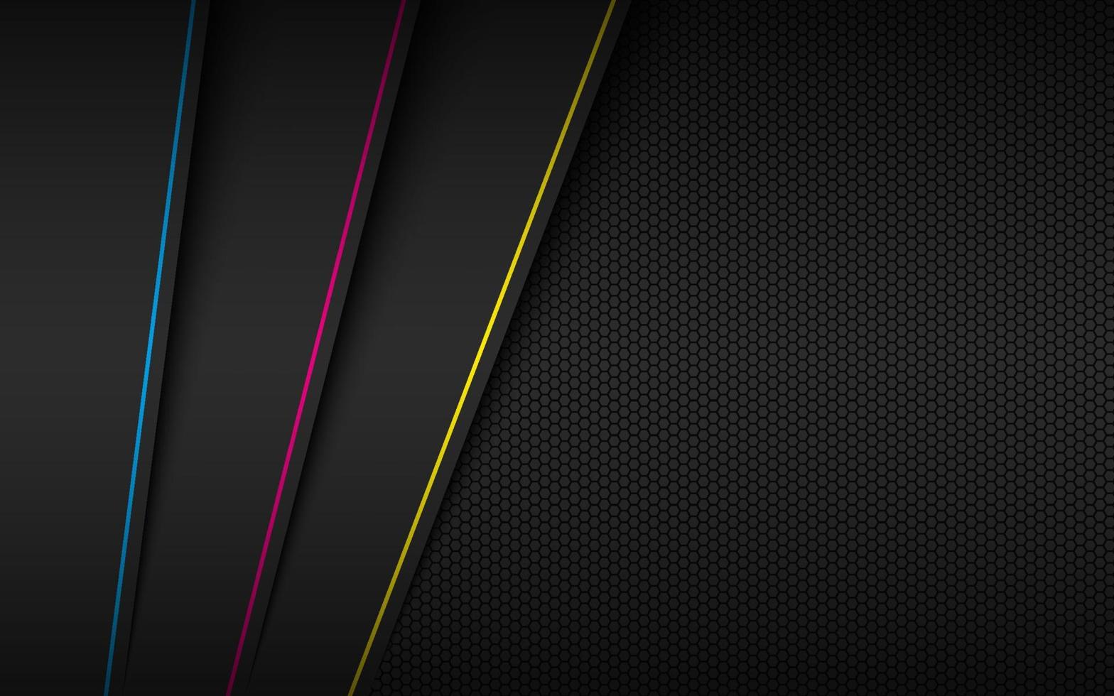 Black abstract cmyk background. Overlapped layers with diagonal lines in cmyk colors and hexagonal texture. Print dark metal design. Vector illustration