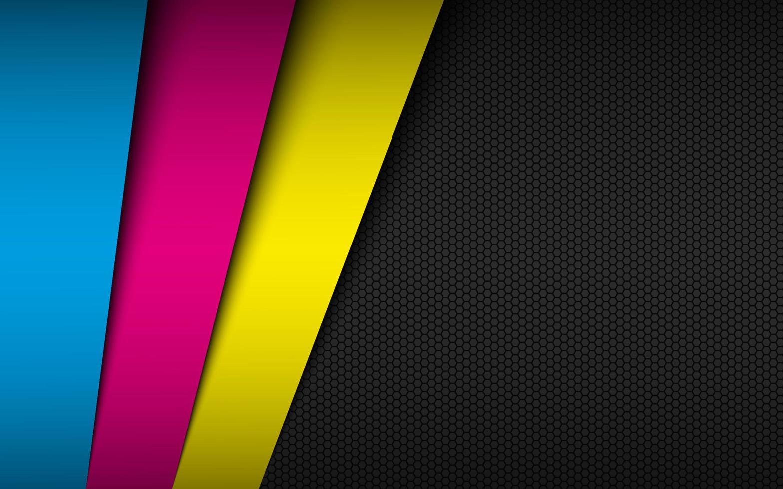 Black material background with stripes in cmyk colors and hexagonal grid pattern. Print design banner for your business. Abstract vector illustration