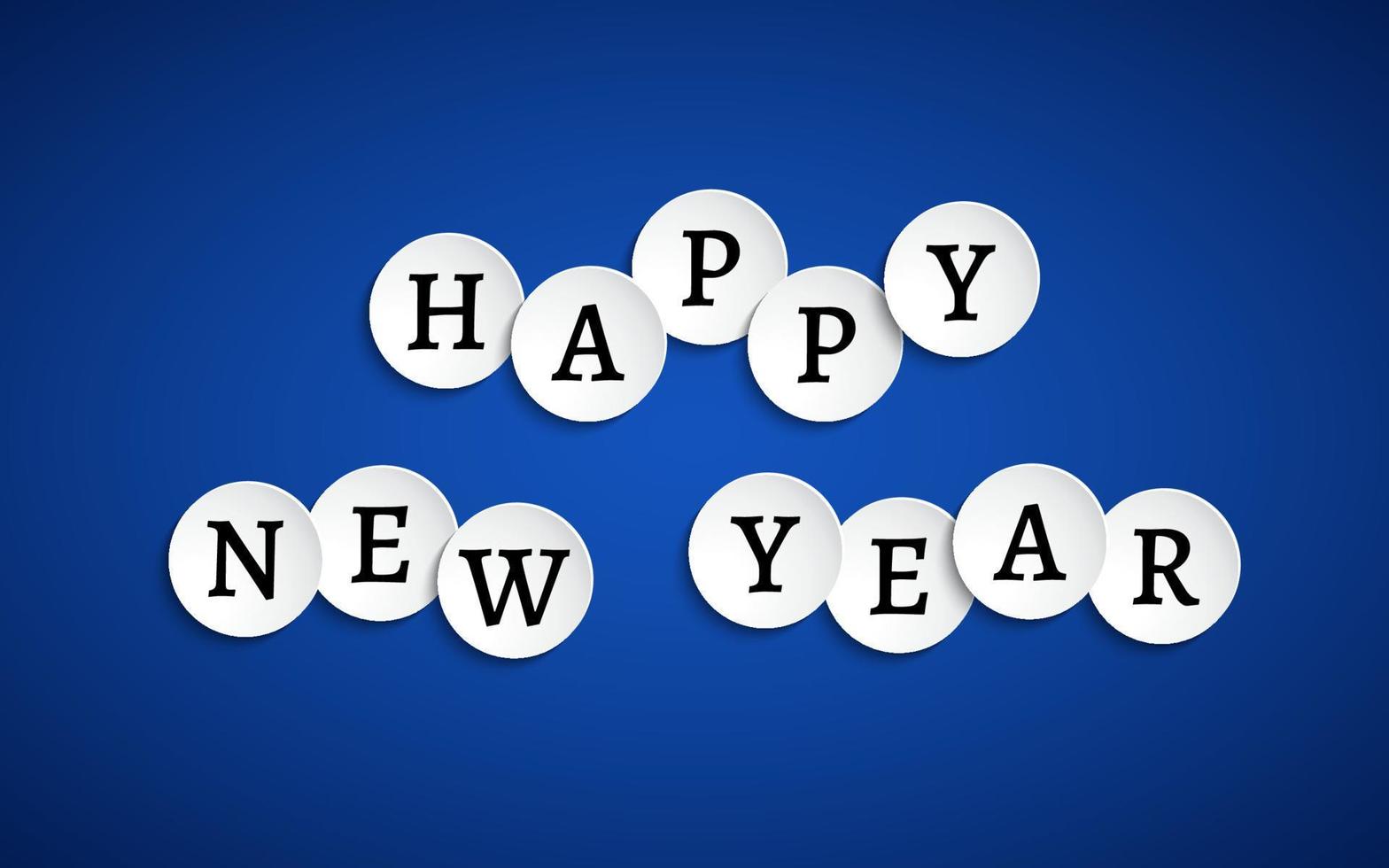 Happy new year 2023. White paper circles with letters on blue background. Holiday greeting card, banner. Vector illustration