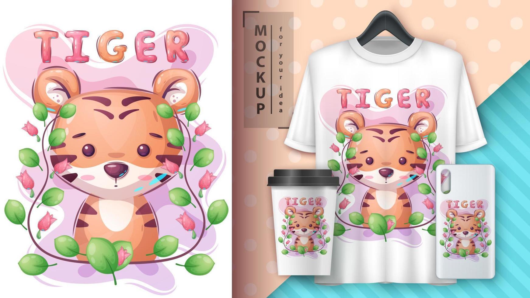 Cartoon character adorable tiger, pretty animal idea for print t-shirt, poster and kids envelope, postcard. Cute hand drawn style tiger. vector