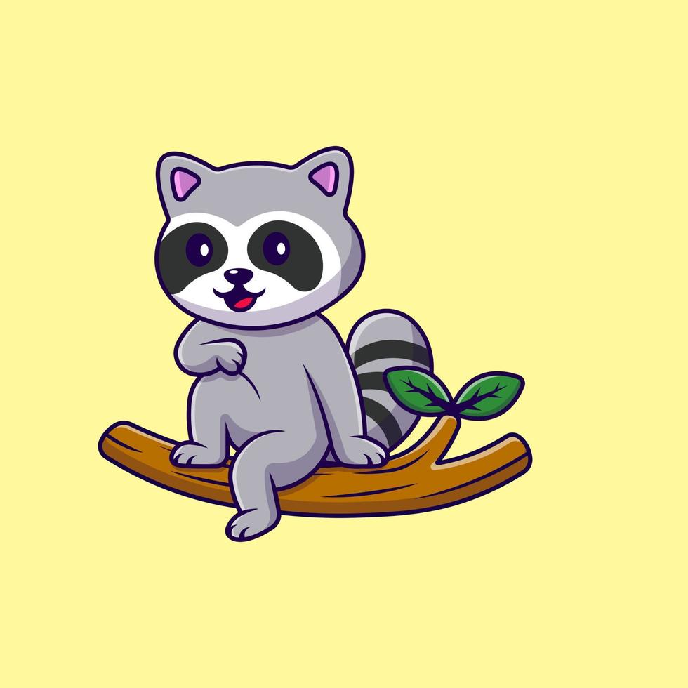 Cute Raccoon Sitting On Branch Cartoon Vector Icons Illustration. Flat Cartoon Concept. Suitable for any creative project.
