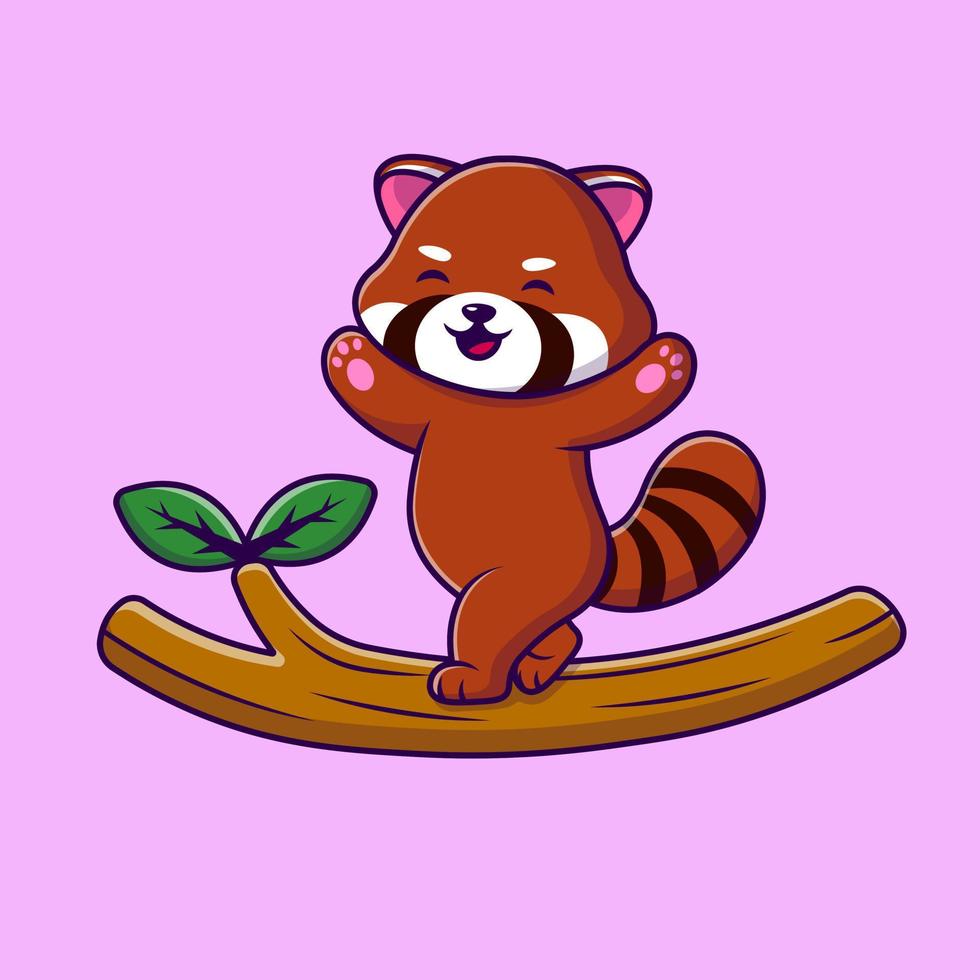 Cute Red Panda Walking On Branch Cartoon Vector Icons Illustration. Flat Cartoon Concept. Suitable for any creative project.