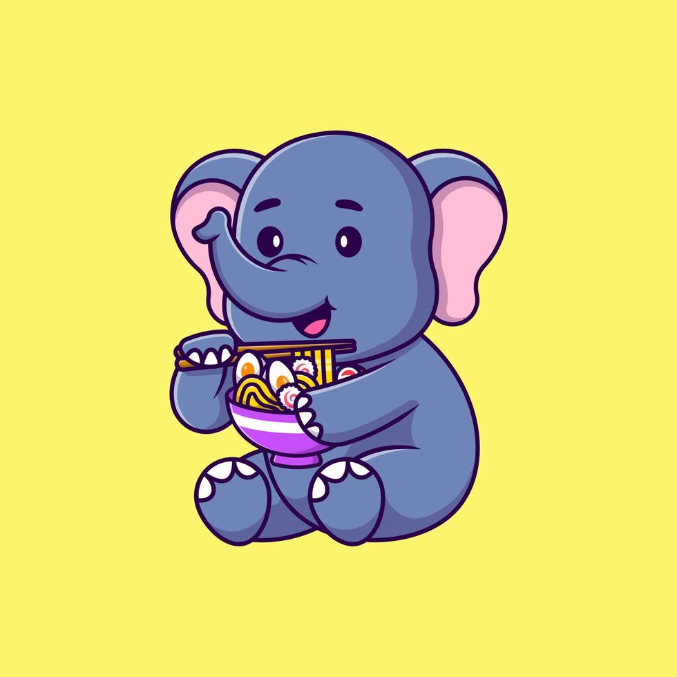 Cute Elephant Eating Ramen Noodle Cartoon Vector Icons Illustration. Flat Cartoon Concept. Suitable for any creative project.