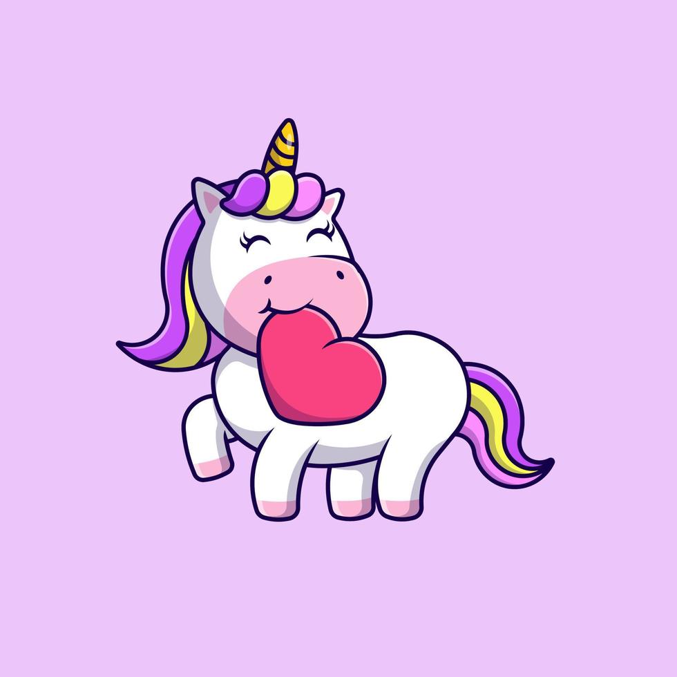 lindo unicornio mordida amor corazón dibujos animados vector iconos ilustración. concepto de caricatura plana. adecuado para cualquier proyecto creativo.