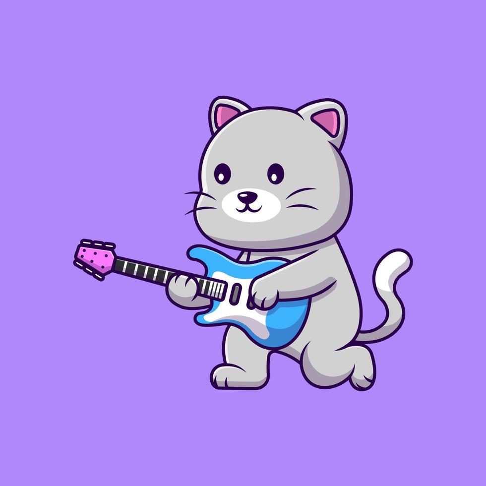 Cute Cat Playing Electric Guitar Cartoon Vector Icons Illustration. Flat Cartoon Concept. Suitable for any creative project.