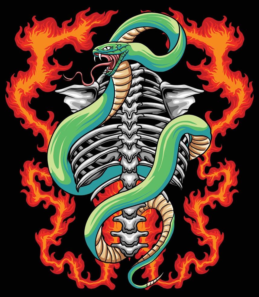 Bone Skeleton with snake on fire vector