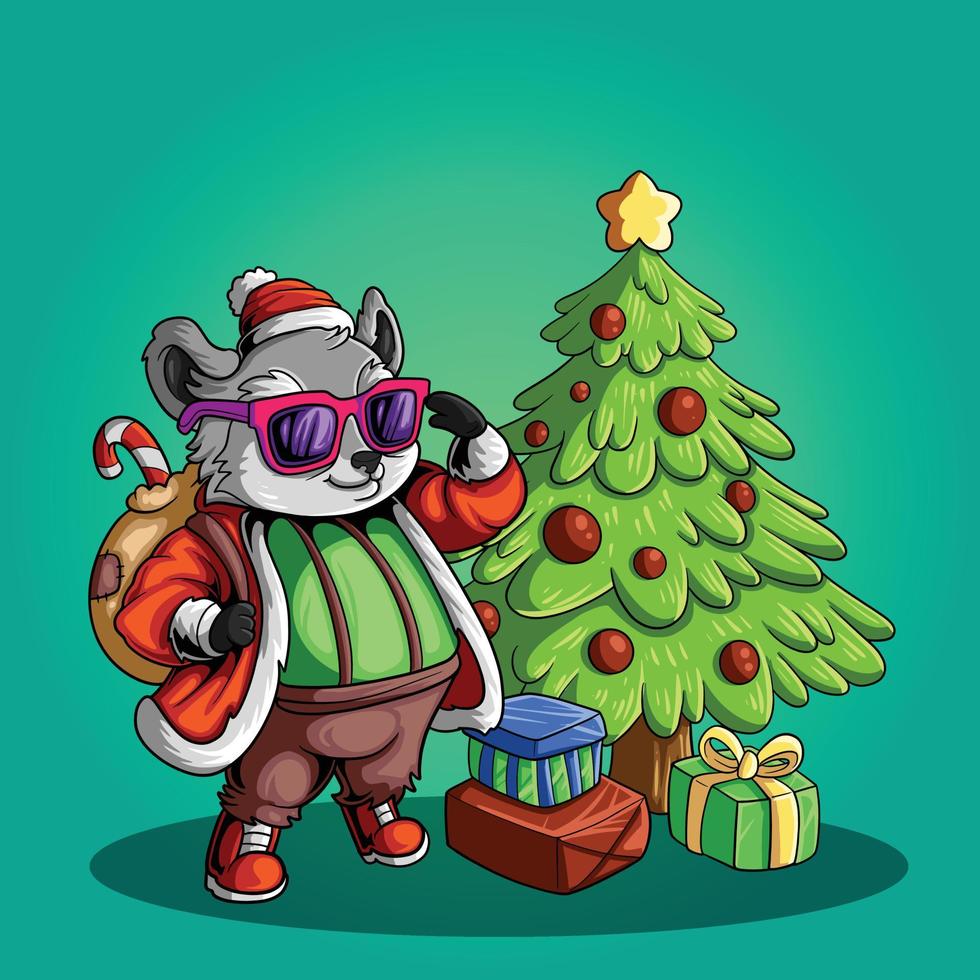 Raccoon Christmas cartoon with glasses and gifts vector