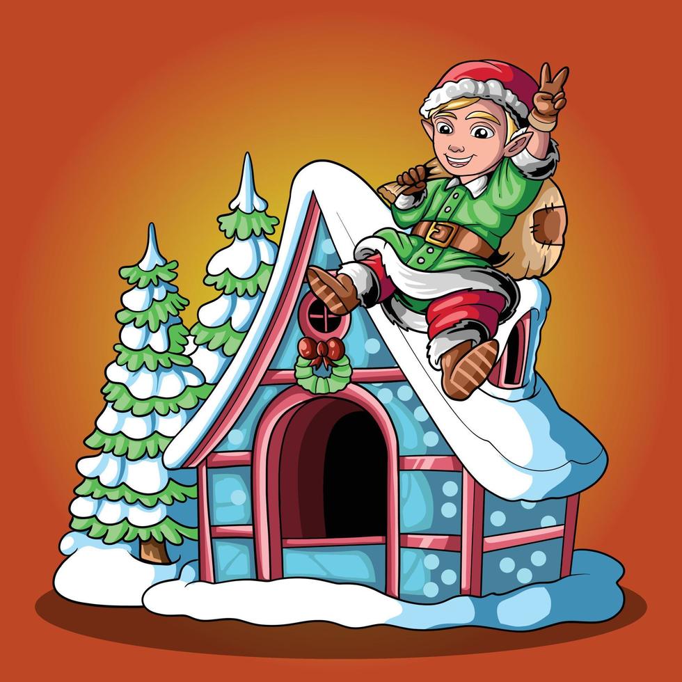 Elf Christmas sit on pine tree house cartoon vector