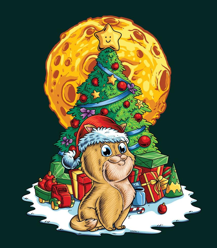 Cat with christmas tree and gifts at the moon vector