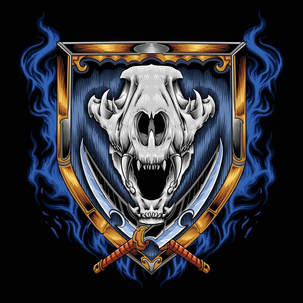 cráneo de perro con espada afilada y escudo en llamas vector