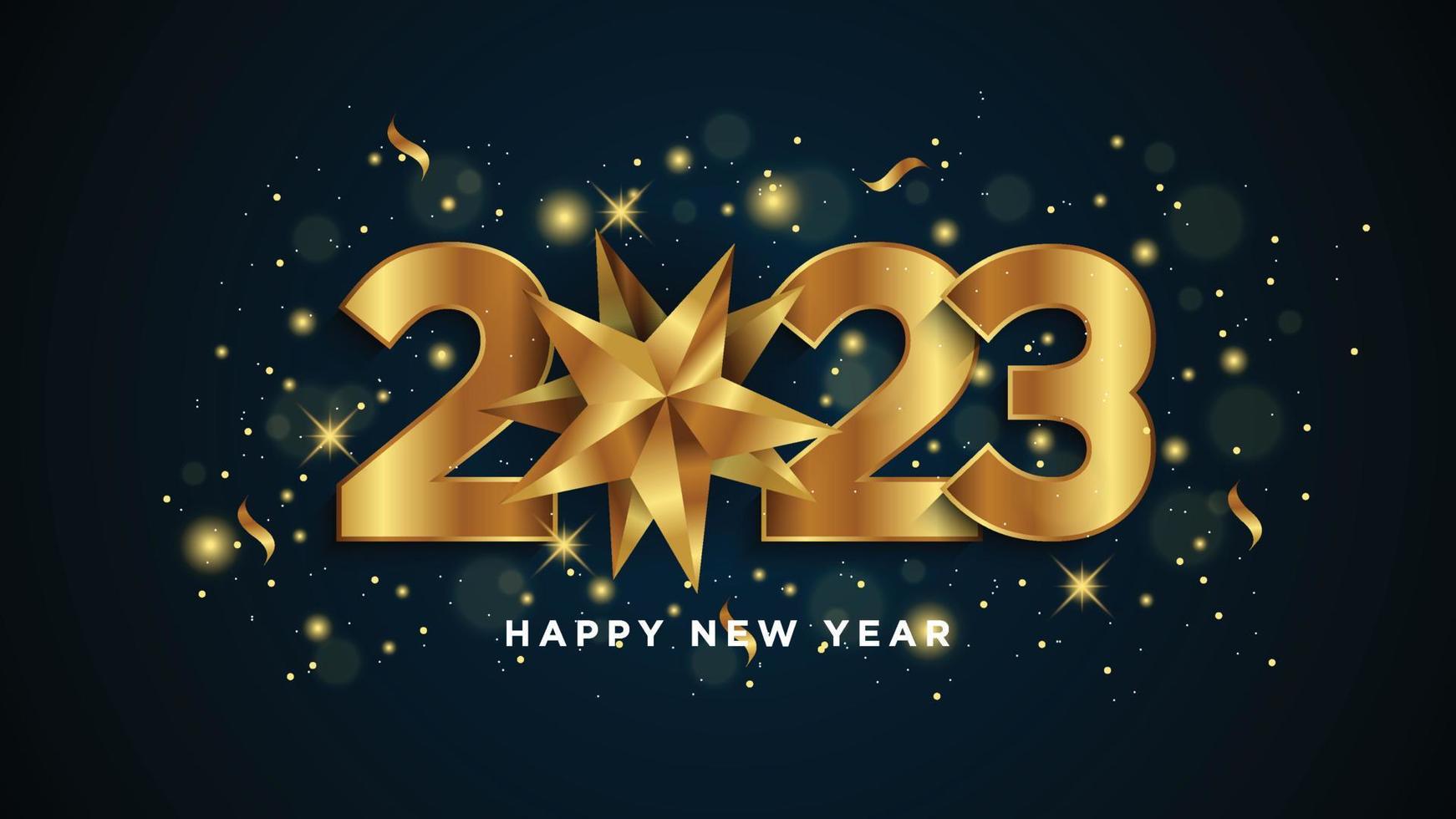 feliz año nuevo 2023. números dorados con decoración navideña y confeti sobre fondo azul oscuro. vector