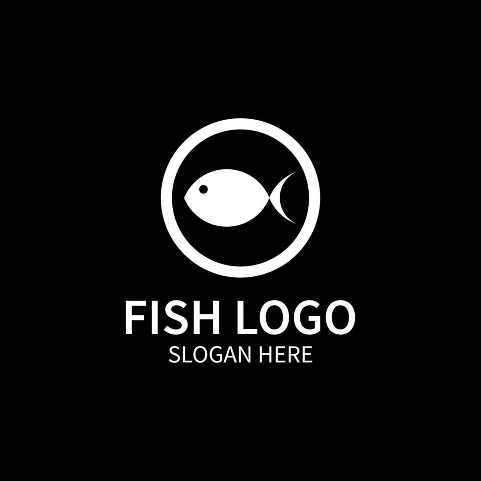 eps10 logotipo redondo de pescado vectorial blanco o icono aislado en fondo negro. símbolo de tienda de restaurante de mariscos en un estilo moderno y sencillo para el diseño de su sitio web, logotipo y aplicación móvil vector