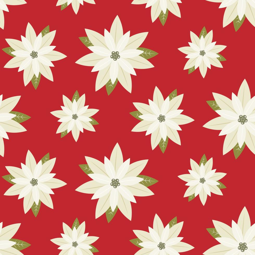 Seamless Christmas pattern of white poinsettia on isolated red background. Design for wrapping paper, scrapbooking, celebration of New Year and Christmas holidays. vector
