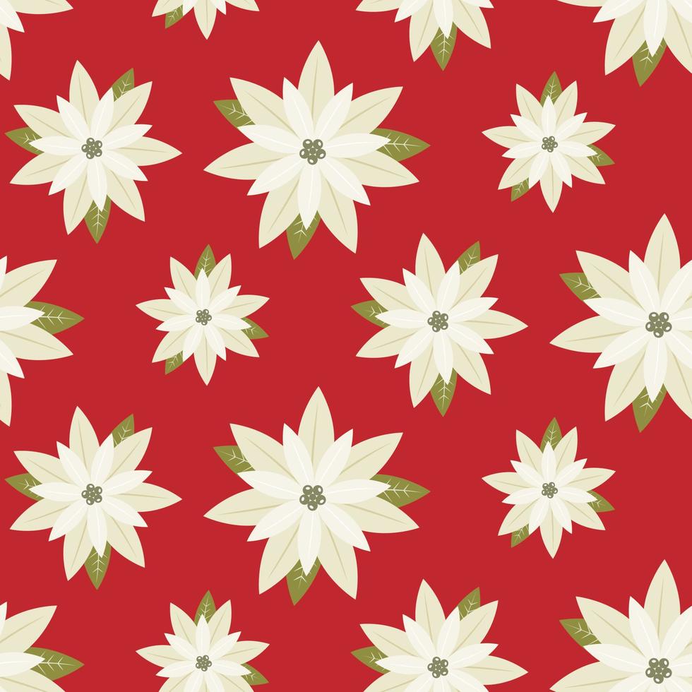 patrón navideño sin costuras de poinsettia blanca sobre fondo rojo aislado. diseño para papel de envolver, scrapbooking, celebración de año nuevo y vacaciones de navidad. vector