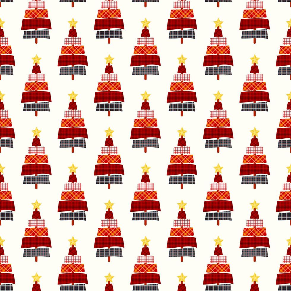 Seamless pattern of Christmas trees with red tartan and plaid textures, on isolated background. Design for Christmas decoration and celebration of winter, Christmas or New Year. vector