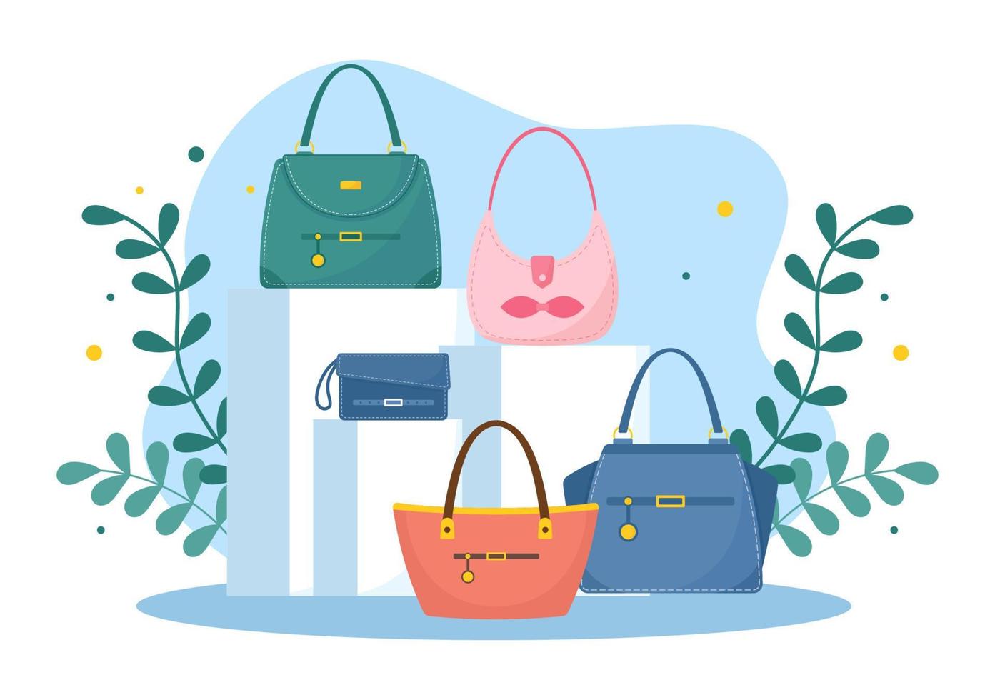 tienda de bolsos con colección de varios bolsos de calidad y diferentes tipos de estilo de vida en ilustración de plantilla de caricatura dibujada a mano plana vector