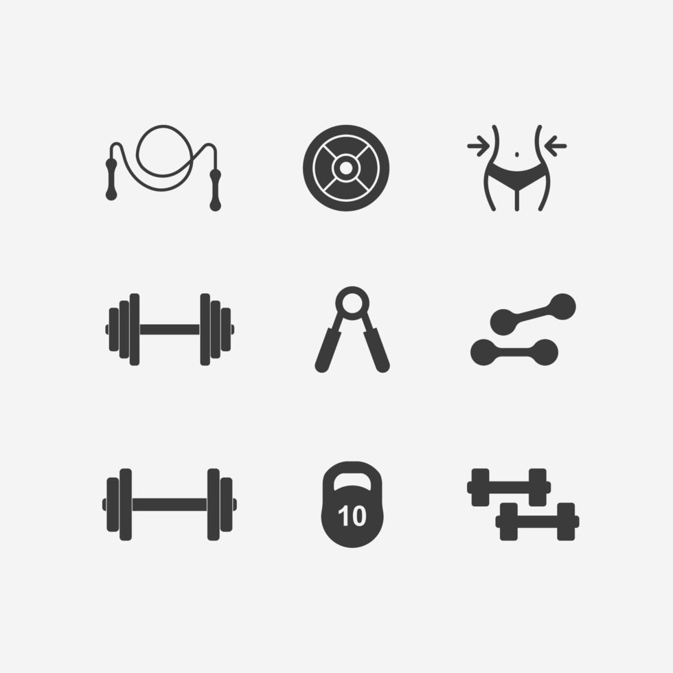 gimnasio, mancuerna, peso, deporte, fitness icono vector conjunto símbolo signo