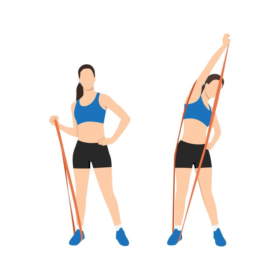 Woman doing core side bends with resistance band exercise. Flat vector illustration isolated on white background