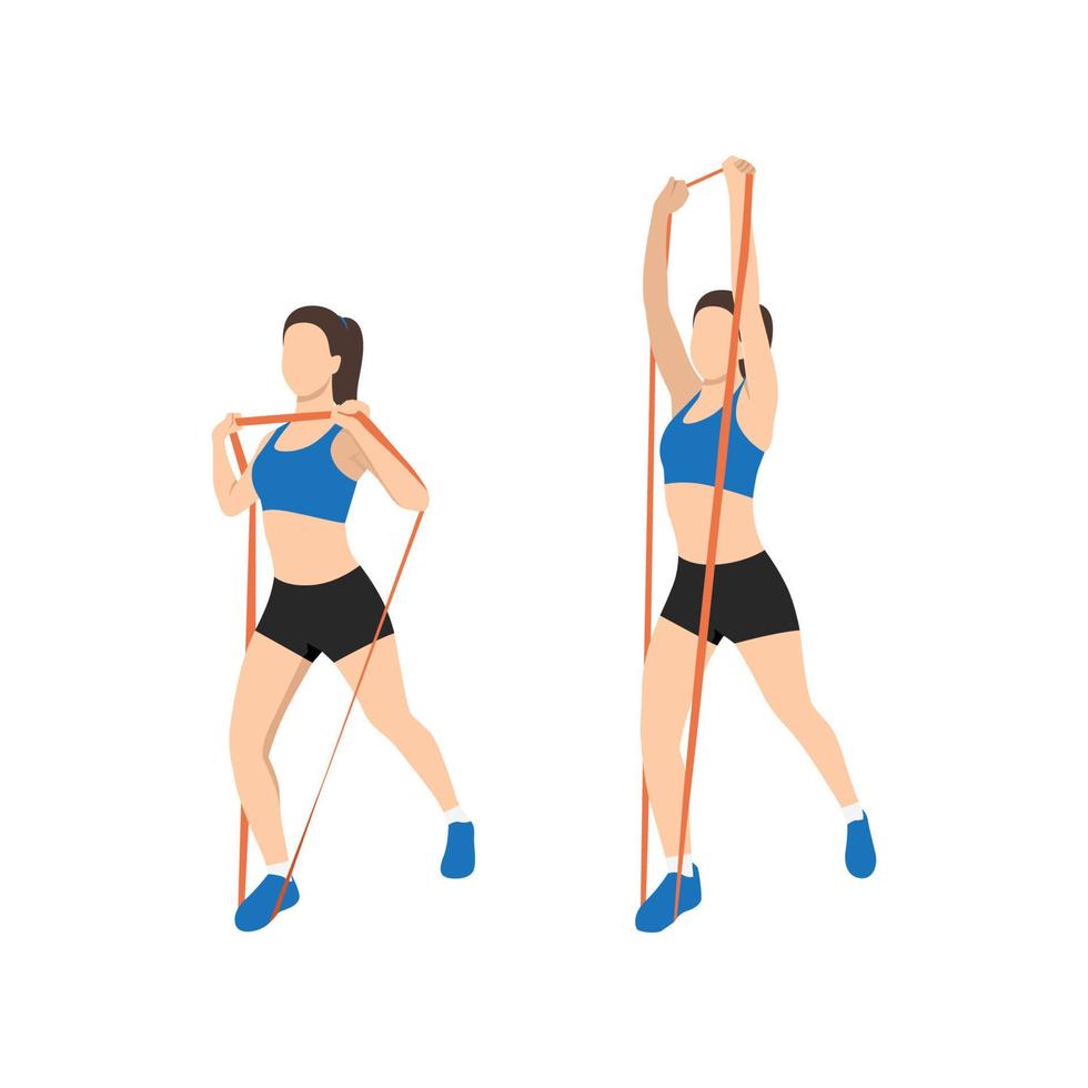 Woman doing overhead press with resistance band exercise. Flat vector illustration isolated on white background