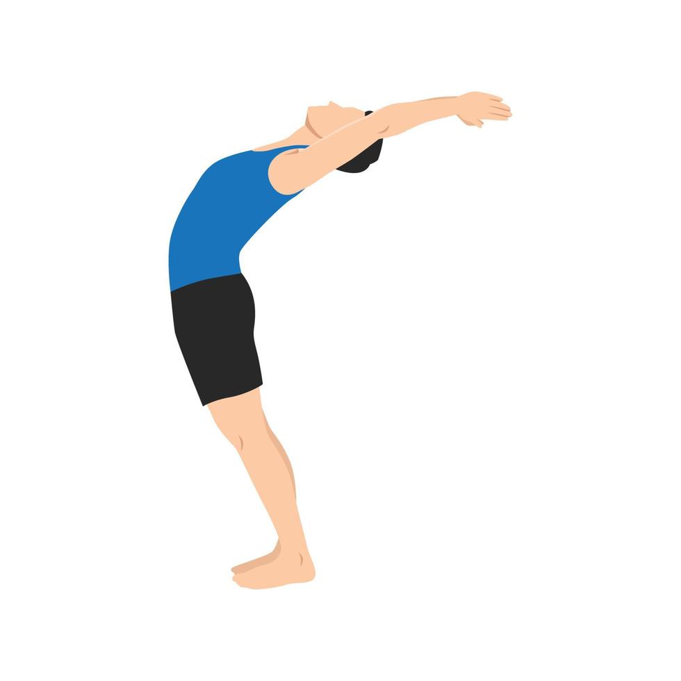 Man practices yoga in the raised arms pose. Healthy lifestyle and wellness concept. Flat vector illustration for Yoga Day. Hasta Uttanasana pose. Sun salutation, surya namaskara.
