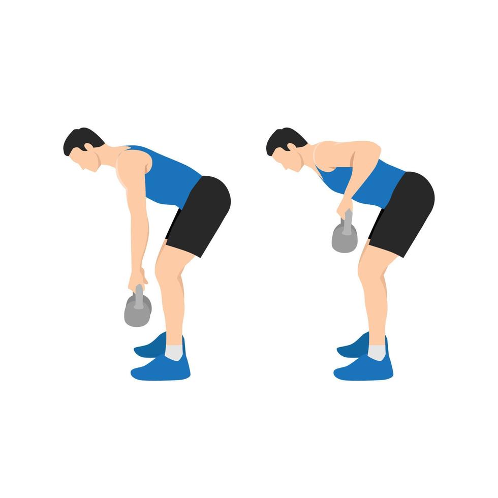 Man doing Two arm kettlebell row exercise. Flat vector illustration isolated on white background. workout character set