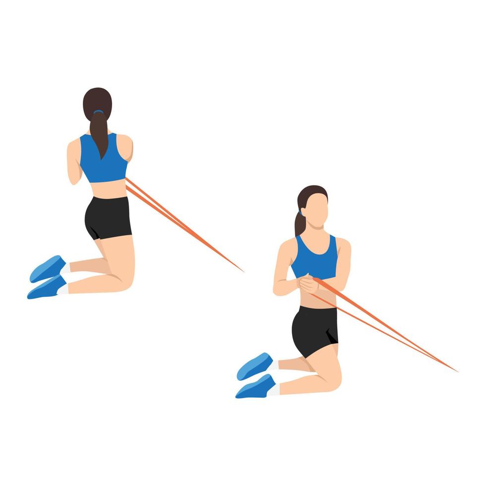 mujer haciendo giro de abdominales sentado central con ejercicio de banda de resistencia. ilustración vectorial plana aislada sobre fondo blanco vector