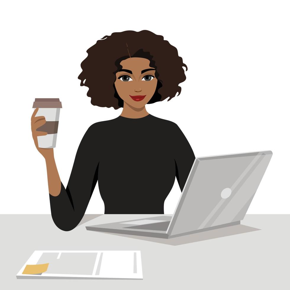 Beautiful African American woman using laptop flat vector illustration. Working from home, remote job. Online shopping