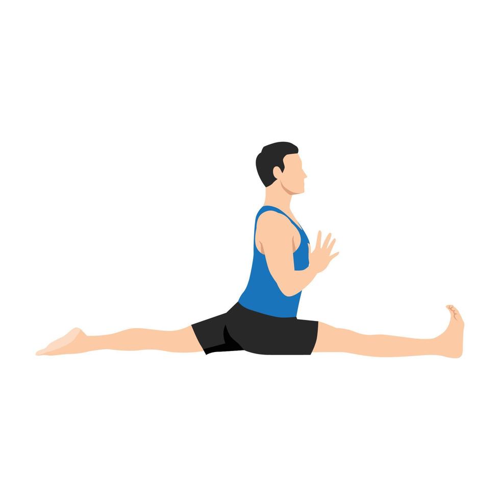 hombre haciendo pose de yoga, pose de mono es una asana en hatha yoga, pose de hanumanasana. ilustración vectorial plana aislada sobre fondo blanco vector