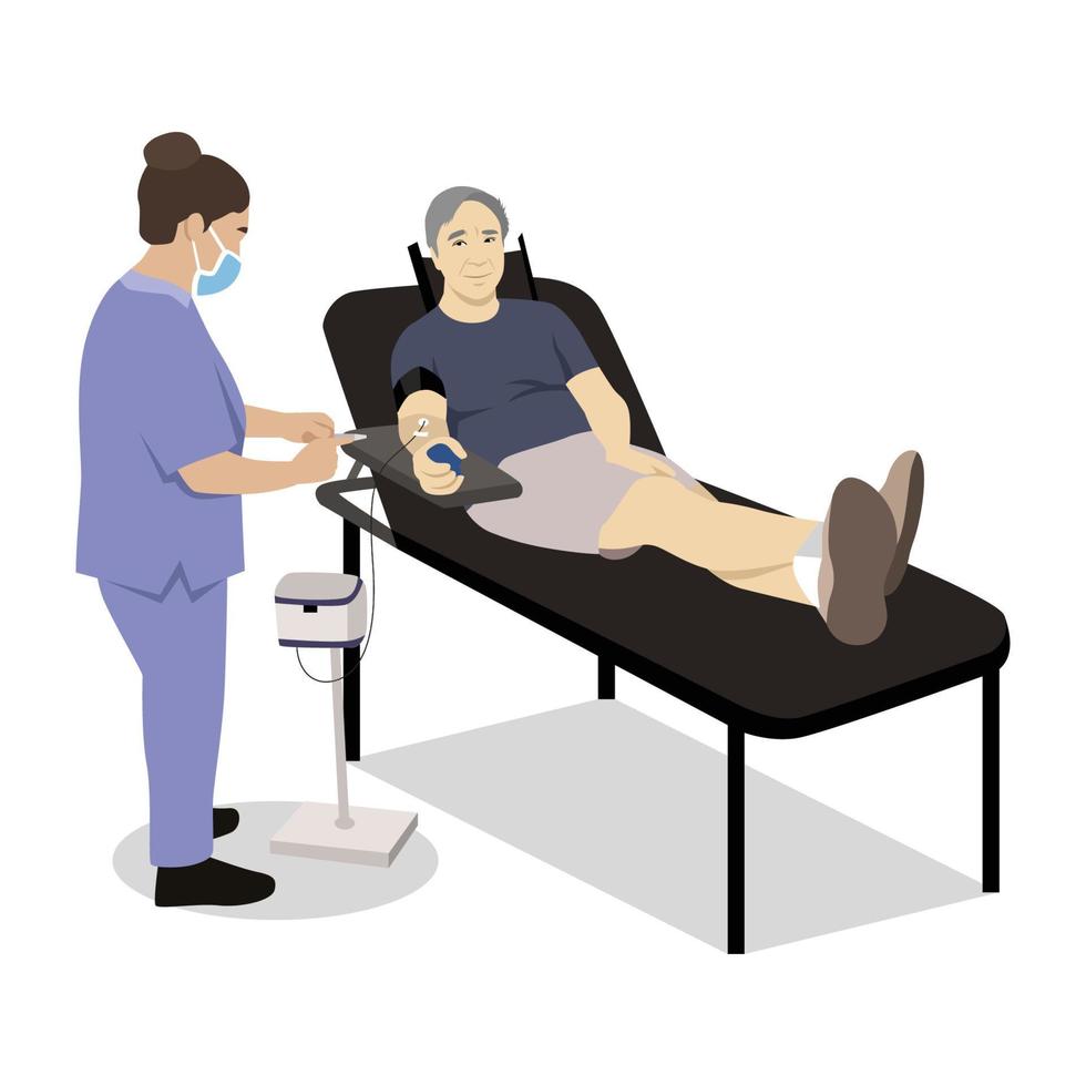 ilustración de pruebas médicas - análisis de sangre - moderno concepto de vector plano ilustración digital del procedimiento de análisis de sangre - un paciente y un médico con una jeringa y tubos de ensayo, el consultorio médico o laboratorio