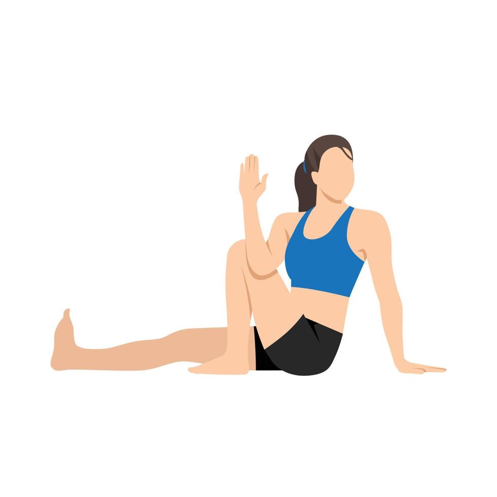 Woman doing Sage Marichi Pose C Variation, Beautiful girl practice Marichyasana C Variation. Flat vector illustration isolated on white background