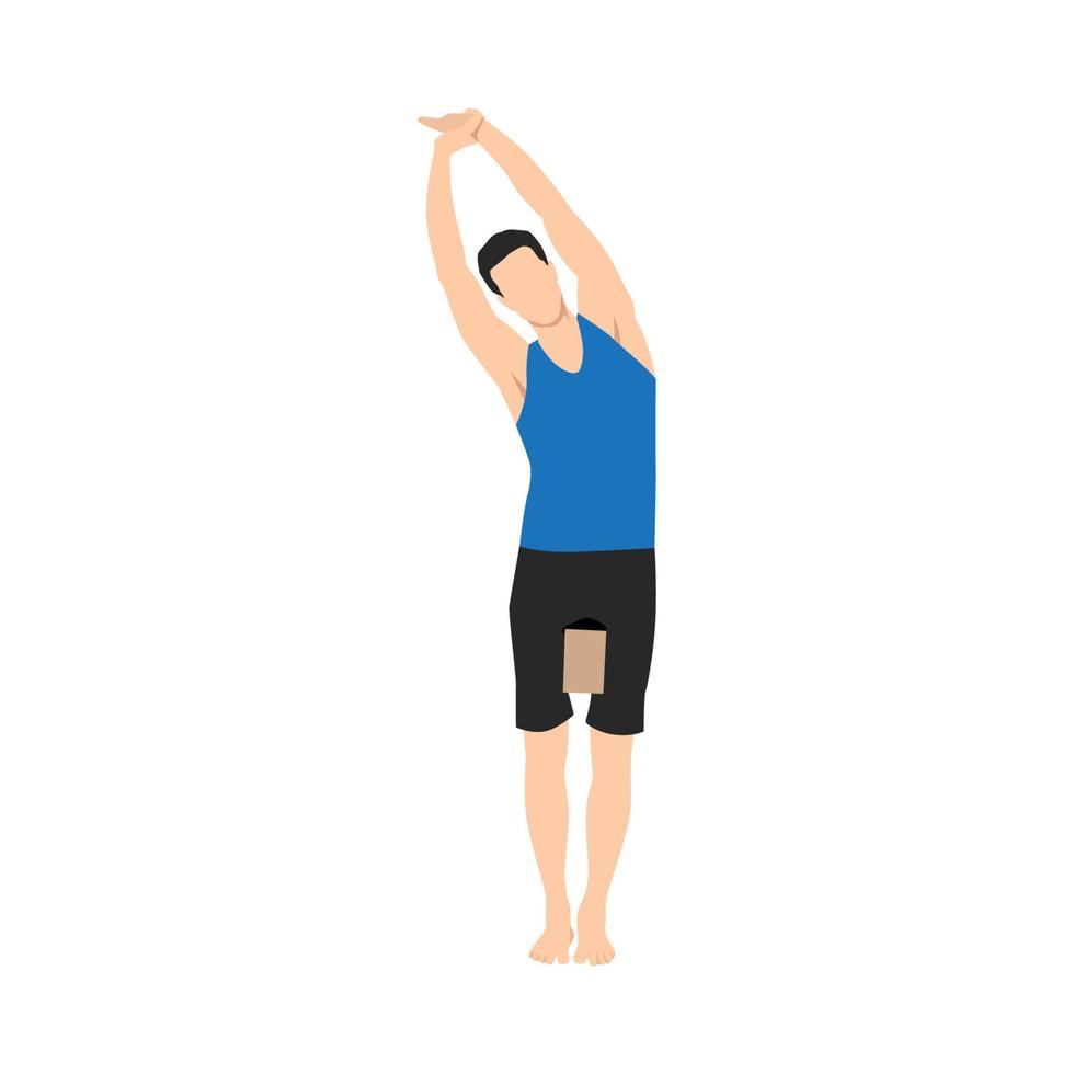 hombre haciendo pose de montaña de flexión lateral ejercicio parsva tadasana. ilustración vectorial plana aislada sobre fondo blanco vector