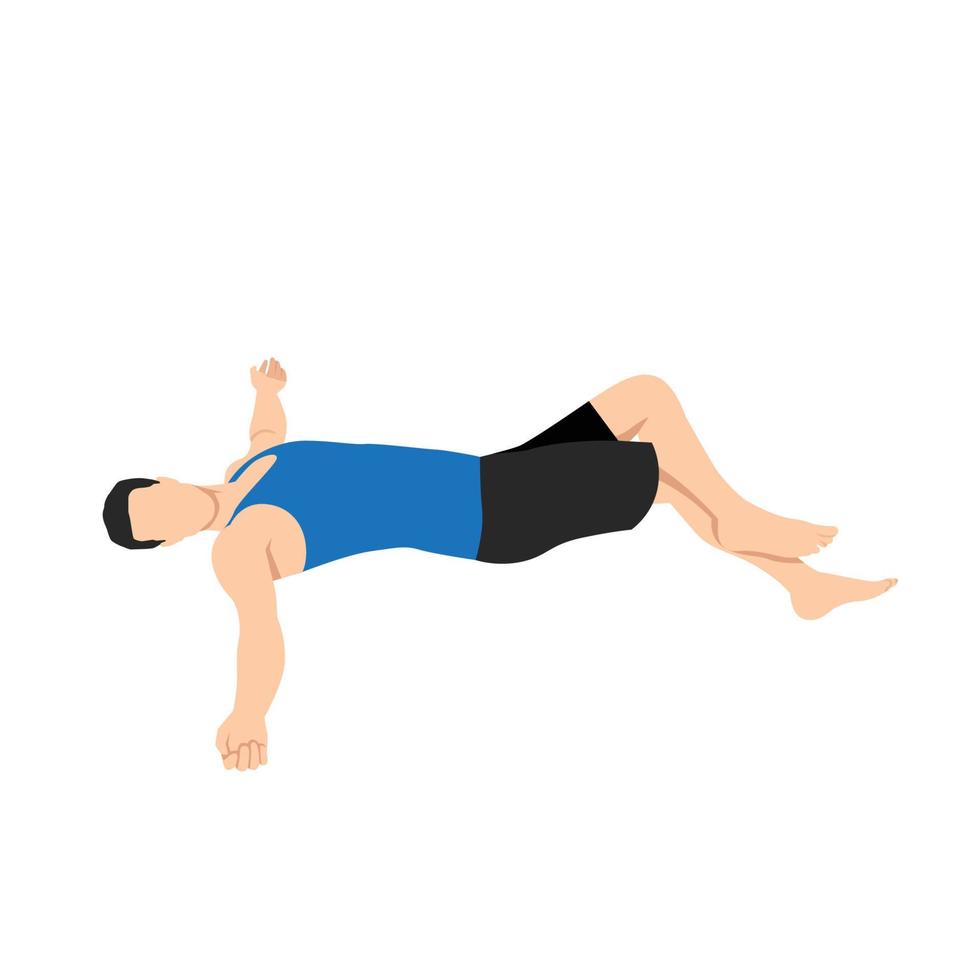 Man doing Reclining eagle pose variation Supta garudasana exercise. Flat vector illustration isolated on white background